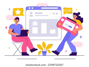 Vector Illustration of a Professional Cute Gamer Streaming Online While Playing Video Games on a Live Platform in a Stylish Background