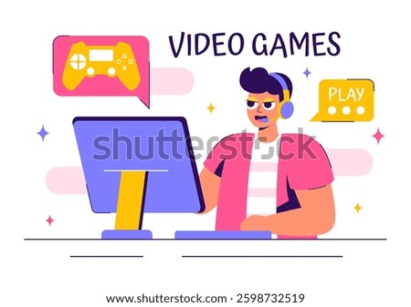 Vector Illustration of a Professional Cute Gamer Streaming Online While Playing Video Games on a Live Platform in a Stylish Background