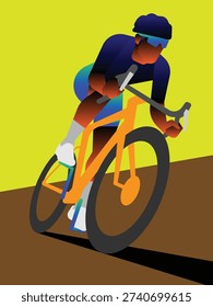 Vector illustration of a professional cyclist leaning into a fast turn on a road bike with a vibrant, minimalist design.