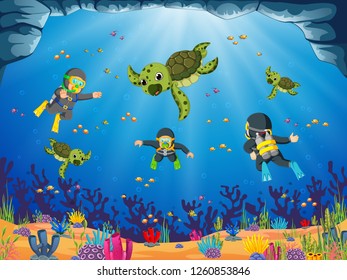 vector illustration of the professional diver are diving with the green turtle