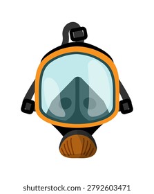 Vector illustration of a professional diving or firefighter full face mask with orange trim. Isolated flat cartoon object for safety protection.