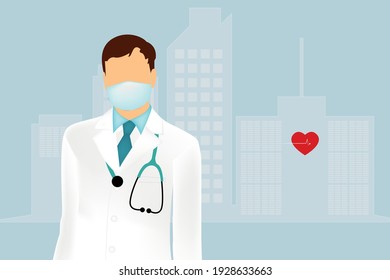Vector illustration of a professional doctor in a white medical uniform with a stethoscope and in a medical mask. On the background of a hospital.