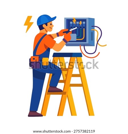 Vector illustration of a professional electrician standing on a ladder repairing an electrical panel with a screwdriver. Technician fixing a fuse box and wires.