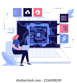 Vector illustration of professional engineer use laptop Screen shows CPU Abstract digital chip computer processor Technology develop electronic devices on microchip Hardware engineering AI