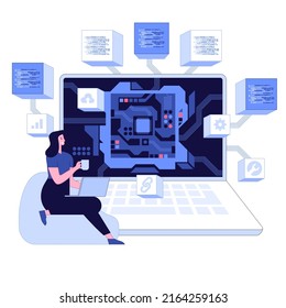 Vector illustration of professional engineer use laptop Screen shows CPU Abstract digital chip computer processor Technology develop electronic devices on microchip Hardware engineering AI