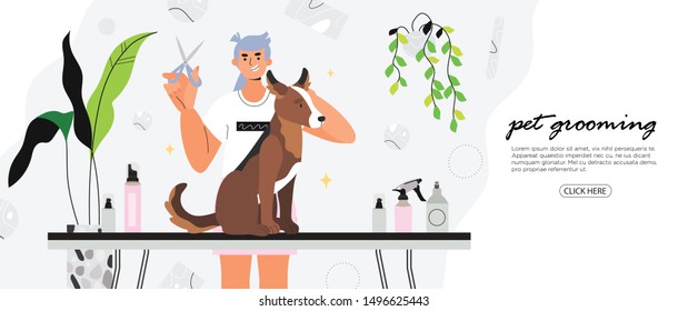 Vector illustration of a professional groomer doing a haircut for a dog in a salon and using animal eco friendly cosmetics. Grooming service banner, flyer, landing page or blog post in a trendy style.