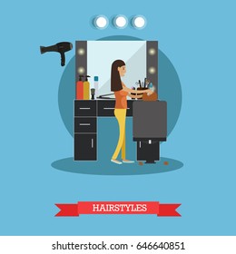 Vector illustration of professional hairdresser doing hair of her client female. Hair salon services, hairstyles concept flat style design element.