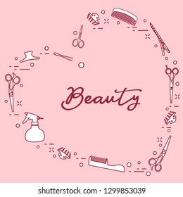 Vector illustration with professional hairdresser tools arranged in heart shape. Beauty salon. Manicure. Glamour fashion vogue style.