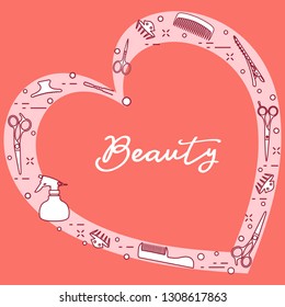 Vector illustration with professional hairdresser tools arranged in heart shape. Beauty salon. Manicure. Glamour fashion vogue style.