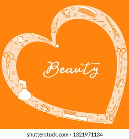 Vector illustration with professional hairdresser tools arranged in heart shape. Beauty salon. Manicure. Glamour fashion vogue style.
