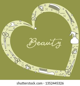 Vector illustration with professional hairdresser tools arranged in heart shape. Beauty salon. Manicure. Glamour fashion vogue style.