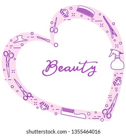 Vector illustration with professional hairdresser tools arranged in heart shape. Beauty salon. Manicure. Glamour fashion vogue style.