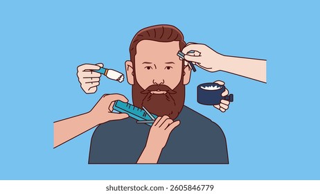 Vector illustration of professional hands, skillful beautician giving beard treatments a man: trimming beard. beard care concept.