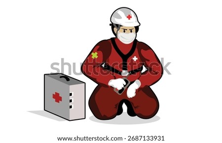 Vector illustration of a professional K3 safety officer wearing red uniform and helmet, symbolizing workplace safety and industrial protection. Perfect for presentations, posters, infographics, or tra