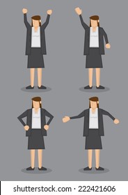 Vector illustration of a professional looking brunette in formal grey suit in four poses isolated on grey background.