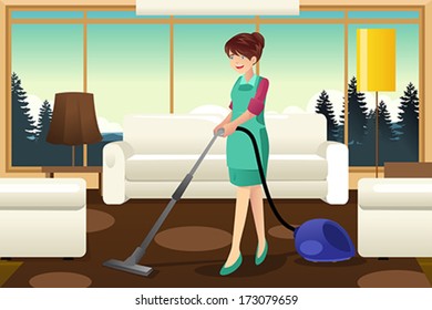 A vector illustration of professional maid vacuuming carpet in the living room