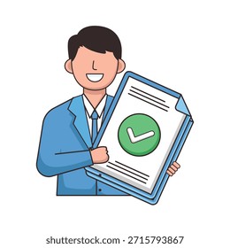 Ilustración vectorial de un personaje de hombre profesional junto a un documento de solicitud de empleo con un sello aprobado verde. Este diseño simboliza el reclutamiento exitoso, el proceso de contratación, el crecimiento de la carrera y el aterrizaje de un nuevo trabajo. Perfecto para agencias de RRHH y Sitios web en coaching profesional. Aislado sobre fondo blanco.