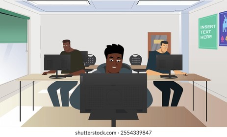 Vector illustration of a professional office setting with three diverse individuals working on desktop computers, showcasing teamwork and productivity in a bright, modern workplace environment.
