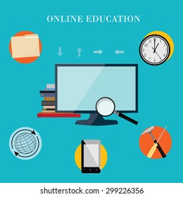 Vector illustration of professional online education. Online training. Online learning. E-learning concept. Vector icons globe, wall clock, file folder, smartphone, screwdriver, magnifying glass