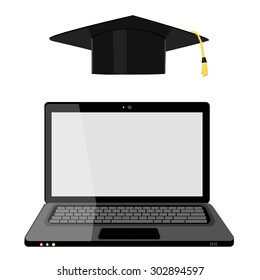 Vector illustration of professional online education. Online training. Online learning. E-learning concept. Graduation hat and laptop