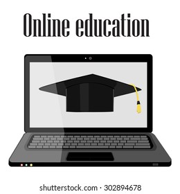 Vector illustration of professional online education. Online training. Online learning. E-learning concept. Graduation hat and laptop