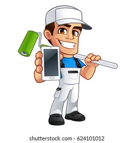 Vector illustration of a professional painter, he has a mobile phone in his hand