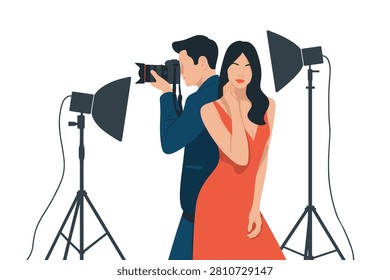 Vector illustration of a professional photographer capturing a beautiful model in a red dress during a studio photoshoot with lighting equipment.