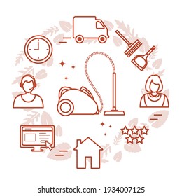 Vector Illustration Professional Quality Cleaning service. Find and order scrubwoman through internet. Housekeeping Household chores House cleaning. Make an order vacuum, garbage removal. Design print