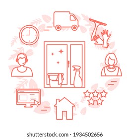 Servicio de Limpieza Profesional de Calidad Vector Illustration. Encuentra y ordena a una escrutadora a través de Internet. Servicio de limpieza. Concepto de las tareas domésticas. Limpieza de casa. Ventanas de lavado. Diseño para web, impresión