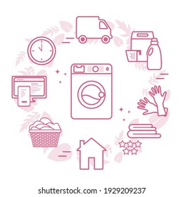 Servicio de lavandería profesional de calidad Vector Illustration. Tareas de la lavandería Buscar y pedir a través de Internet. Servicio de limpieza. Tareas domésticas domésticas. Lavadora, detergentes. Diseño para web, impresión