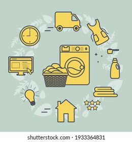 Vector Illustration Professional Quality Laundry service. Laundromat tasks  Find and order through internet. Housekeeping. Domestic Household chores. Washing machine, detergents. Design for web, print