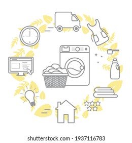 Vector Illustration Professional Quality Laundry service. Laundromat tasks  Find and order through internet. Housekeeping. Domestic Household chores. Washing machine, detergents. Design for web, print