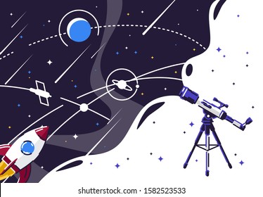 Vector illustration of professional space telescope with image of space, space rocket with planets and stars, satellite