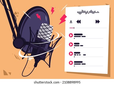 Vector illustration of a professional studio microphone for recording podcasts, a playlist for listening to podcasts