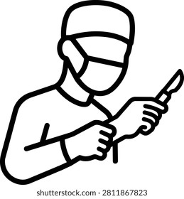 Vector illustration of a professional surgeon in scrubs holding a surgical scalpel prepared for an operation in a hospital clinic setting.