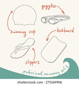 vector illustration of professional swimming equipment set in line design style