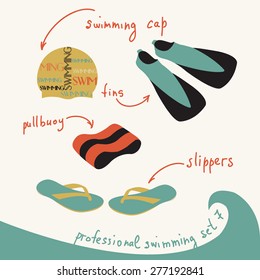 vector illustration of professional swimming equipment set in flat design style