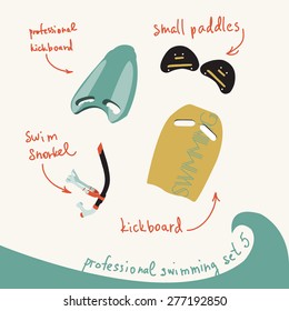 vector illustration of professional swimming equipment set in flat design style