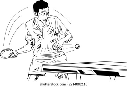 A vector illustration of a professional table tennis player in action. Sketch drawing of a ping pong player. Table tennis player doing service cartoon drawing