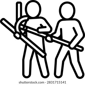 Vector illustration of a professional team of construction workers bending metal conduit pipes on an industrial site or workshop.