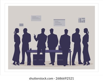 Ilustración vectorial de un equipo profesional reunido en torno a una mesa de reuniones, que simboliza el trabajo en equipo, la colaboración y la toma de decisiones empresariales.