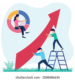 Vector illustration of a professional teamwork scene with arrow pointing up as profit, sales or career achievement. concept of increasing success and growth.
