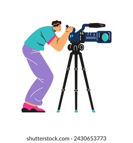 Vector illustration of a professional videographer operating a video camera on a tripod, capturing content for media production