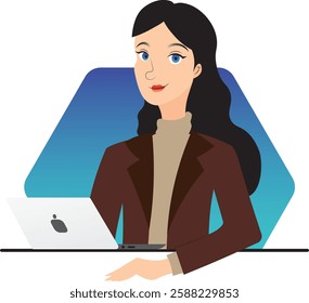 A vector illustration of a professional woman with long black hair, wearing a brown blazer and beige turtleneck, working on a laptop. The hexagonal background with a blue gradient.