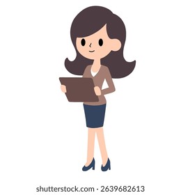 Vector illustration of a professional woman with long dark brown hair, wearing a blazer and navy high heels. Perfect for concepts related to business, or as a character icon in presentations