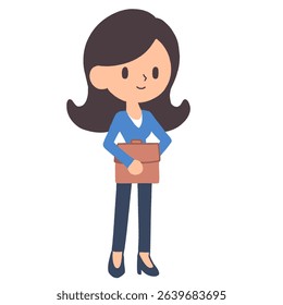 Vector illustration of a professional woman with long dark brown hair, wearing a blazer and navy high heels. Perfect for concepts related to business, or as a character icon in presentations