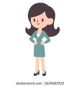 Vector illustration of a professional woman with long dark brown hair, wearing a blazer and navy high heels. Perfect for concepts related to business, or as a character icon in presentations
