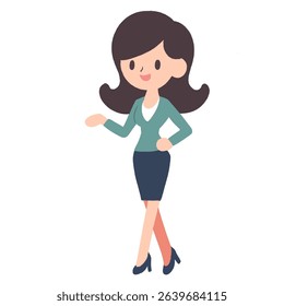 Vector illustration of a professional woman with long dark brown hair, wearing a blazer and navy high heels. Perfect for concepts related to business, or as a character icon in presentations