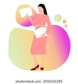 A vector illustration of a professional working woman standing and holding papers, dressed in office attire, representing career, professionalism, and workplace confidence.