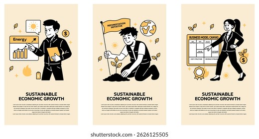 Ilustração vetorial de profissionais que analisam dados de energia, plantam árvores e planejam modelos de negócios ecológicos para o crescimento sustentável.